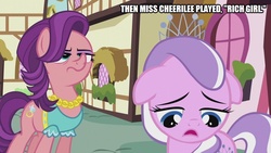 Size: 889x500 | Tagged: safe, edit, edited screencap, screencap, diamond tiara, spoiled rich, earth pony, pony, crusaders of the lost mark, g4, caption, duo, floppy ears, hall & oates, image macro, rich girl, text