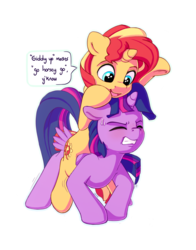 Size: 1100x1400 | Tagged: safe, artist:bobdude0, sunset shimmer, twilight sparkle, alicorn, pony, unicorn, g4, cute, dialogue, duo, eyes closed, female, looking down, mare, misleading thumbnail, open mouth, ponies riding ponies, riding, shimmerbetes, simple background, straining, sunset shimmer riding twilight, sweat, transparent background, twilight sparkle (alicorn)