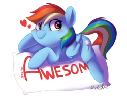 Size: 2824x2240 | Tagged: safe, artist:pucksterv, rainbow dash, pegasus, pony, awesome, blushing, cute, dashabetes, female, heart, hoof on cheek, looking at you, mare, pillow, prone, simple background, solo, squishy cheeks, transparent background, ych result