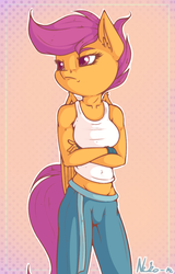 Size: 766x1200 | Tagged: safe, artist:neko-me, scootaloo, anthro, apple bloomers, g4, apple buruma project, breasts, busty scootaloo, clothes, crossed arms, female, fingerless gloves, gloves, midriff, older, older scootaloo, solo, tank top