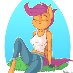 Size: 1163x1170 | Tagged: safe, artist:neko-me, scootaloo, anthro, apple bloomers, g4, apple buruma project, belly button, breasts, busty scootaloo, clothes, eyes closed, female, fingerless gloves, gloves, midriff, older, older scootaloo, solo, tank top