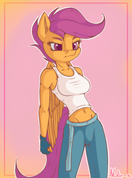 Size: 891x1200 | Tagged: safe, artist:neko-me, scootaloo, anthro, apple bloomers, g4, apple buruma project, belly button, breasts, busty scootaloo, clothes, female, fingerless gloves, gloves, midriff, older, older scootaloo, solo, tank top
