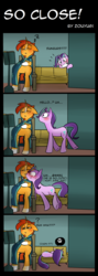 Size: 1000x2800 | Tagged: safe, artist:zouyugi, starlight glimmer, sunburst, pony, unicorn, g4, big grin, blushing, book, censored vulgarity, comic, couch, dialogue, female, grawlixes, grin, gritted teeth, kiss denied, lying down, male, manic grin, mare, motion lines, on side, one sided shipping, pictogram, puckered lips, ship:starburst, shipping, shivering, sitting, sleeping, smiling, speech bubble, stallion, straight, sweat, sweatdrop