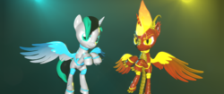 Size: 3840x1620 | Tagged: safe, artist:phoenixtm, oc, oc:archie cloud, oc:delta firedash, alicorn, dracony, hybrid, pony, robot, robot pony, 3d, alicorn oc, claws, flying, looking at you, robot dracony, shiny, source filmmaker, spread wings, wings
