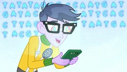 Size: 1280x720 | Tagged: safe, screencap, micro chips, a banner day, equestria girls, g4, cellphone, clothes, dna, double helix, glasses, male, phone, reflection, smartphone, smiling, solo