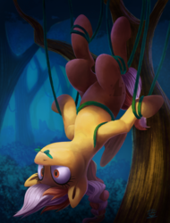 Size: 1500x1977 | Tagged: safe, artist:tsitra360, oc, oc only, pegasus, pony, commission, female, mare, solo, tangled up, tree, tree trunk, upside down, vine