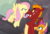 Size: 1361x939 | Tagged: safe, screencap, fluttershy, garble, smolder, dragon, pegasus, pony, g4, sweet and smoky, angry, badass, boop, cropped, dragoness, fangs, female, flutterbadass, fluttershy is not amused, flying, glare, looking at each other, male, mare, narrowed eyes, spread wings, unamused, wings