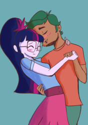 Size: 1733x2467 | Tagged: dead source, safe, artist:pettypop, sci-twi, timber spruce, twilight sparkle, equestria girls, g4, blue background, blushing, cute, duo, eyes closed, female, holding hands, male, open mouth, shipping, simple background, straight, timberbetes, timbertwi, twiabetes