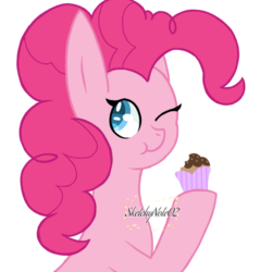 Size: 768x768 | Tagged: safe, artist:sketchynote02, pinkie pie, earth pony, pony, g4, bust, colored pupils, cupcake, cute, diapinkes, eating, female, food, one eye closed, simple background, solo, transparent background