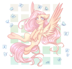 Size: 2300x2200 | Tagged: safe, artist:airadyarhahs, fluttershy, butterfly, pegasus, pony, g4, abstract background, chest fluff, colored pupils, cute, ear fluff, female, heart eyes, high res, leg fluff, mare, shyabetes, solo, spread wings, wingding eyes, wings