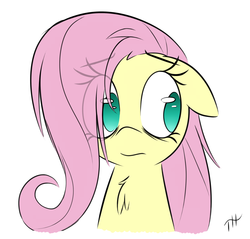 Size: 2200x2100 | Tagged: safe, artist:fakskis, fluttershy, pony, g4, bust, chest fluff, cute, eye clipping through hair, female, floppy ears, high res, looking away, looking sideways, mare, no pupils, portrait, shyabetes, simple background, solo, white background