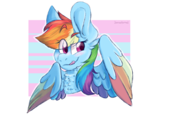 Size: 1920x1300 | Tagged: safe, artist:sinnocturnal, rainbow dash, pegasus, pony, g4, abstract background, blushing, bust, chest fluff, cute, dashabetes, ear fluff, eye clipping through hair, female, licking, licking lips, mare, multicolored hair, neck fluff, portrait, solo, tongue out