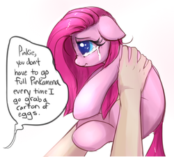 Size: 861x776 | Tagged: safe, artist:confetticakez, pinkie pie, earth pony, human, pony, behaving like a dog, colored pupils, colored sketch, crying, cute, cuteamena, daaaaaaaaaaaw, dialogue, diapinkes, dilated pupils, ear fluff, featured image, female, floppy ears, frown, gradient background, hnnng, holding a pony, mare, missing cutie mark, nose wrinkle, offscreen character, offscreen human, overreaction, pet, pinkamena diane pie, pony pet, poor thing, sad, sadorable, separation anxiety, simple background, smol, solo focus, sweet dreams fuel, teary eyes, wavy mouth, weapons-grade cute, white background
