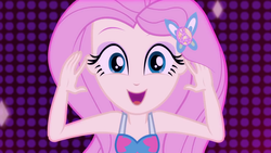 Size: 1920x1080 | Tagged: safe, screencap, fluttershy, equestria girls, equestria girls series, i'm on a yacht, spoiler:eqg series (season 2), beautiful, close-up, cute, female, geode of fauna, happy, looking at you, magical geodes, neon eg logo, open mouth, shyabetes, sleeveless, smiling, solo