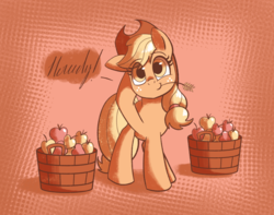 Size: 1080x851 | Tagged: safe, artist:manny-mg, artist:typhwosion, applejack, earth pony, pony, g4, alternate eye color, apple, bucket, cute, dialogue, female, food, howdy, jackabetes, looking at you, mare, solo, straw in mouth