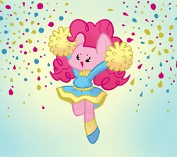Size: 1280x1135 | Tagged: safe, artist:manny-mg, artist:typhwosion, pinkie pie, earth pony, pony, g4, beady eyes, beanbrows, cheerleader, cheerleader outfit, cheerleader pinkie, clothes, cute, diapinkes, dress, eyebrows, female, open mouth, pom pom, socks, solo