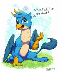 Size: 2000x2366 | Tagged: safe, artist:tsitra360, gallus, griffon, g4, season 8, cheek fluff, chest fluff, cute, dialogue, gallabetes, grass, high res, male, open mouth, reaction image, signature, sitting, solo, talking