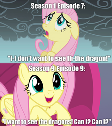 Size: 1280x1440 | Tagged: safe, edit, edited screencap, screencap, fluttershy, pegasus, pony, dragonshy, g4, sweet and smoky, caption, character development, comparison, female, image macro, mare, text