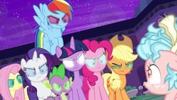 Size: 1191x670 | Tagged: source needed, safe, edit, edited screencap, editor:undeadponysoldier, screencap, applejack, cozy glow, fluttershy, pinkie pie, rainbow dash, rarity, spike, twilight sparkle, alicorn, dragon, earth pony, pony, unicorn, g4, school raze, angry, applejack's hat, badass, cowboy hat, cozybuse, death stare, discovery family logo, female, filly, foal, furious, glowing eyes, green eyes, hat, it was at this moment that she knew she fucked up, male, mane seven, mane six, mare, school of friendship, twilight sparkle (alicorn), white eyes