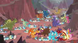 Size: 2100x1180 | Tagged: safe, screencap, amarant, baby cinder, baby pinpoint, baby rubble, baby sparks, baby stomp, ballista, barry, billy, clump, fluttershy, garble, princess ember, prominence, rex, smolder, snake (g4), spear (g4), spike, thod, vex, viverno, dragon, pegasus, pony, g4, sweet and smoky, baby, baby dragon, background dragon, beret, blue fire, dragon lands, dragoness, eggshell, female, fire, fire breath, hat, male, mare, nest, striped shirt, teenaged dragon