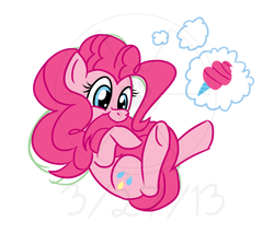 Size: 759x648 | Tagged: safe, artist:atomic-kitten10, pinkie pie, earth pony, pony, g4, 15 minute art challenge, biting, cotton candy, cotton candy tail, cute, diapinkes, female, food, nom, obtrusive watermark, pinkie being pinkie, silly, silly pony, simple background, solo, tail bite, thought bubble, watermark, white background