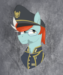 Size: 1310x1560 | Tagged: safe, artist:dyonys, derpibooru exclusive, oc, oc:doofs, pony, abstract background, bust, clothes, commission, glasses, hat, male, stallion