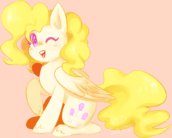Size: 815x656 | Tagged: safe, artist:voidsucre, surprise, pegasus, pony, g1, colored pupils, cute, female, leg fluff, one eye closed, open mouth, pink background, simple background, solo, wink