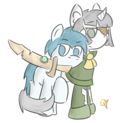 Size: 600x613 | Tagged: safe, artist:orbitalaerospace, oc, oc:larimar, oc:uictoria, earth pony, pony, unicorn, colt quest, adult, child, color, colt, eyepatch, female, foal, gem, horn, male, mantle, mare, order of the arrow, sword, weapon