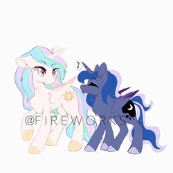 Size: 1080x1079 | Tagged: safe, artist:tiffna0310, princess celestia, princess luna, alicorn, pony, g4, female, mare, missing accessory, obtrusive watermark, siblings, simple background, sisters, smiling, watermark