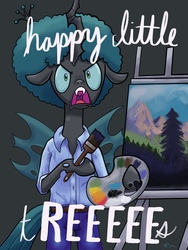 Size: 1668x2224 | Tagged: safe, artist:catscratchpaper, queen chrysalis, changeling, changeling queen, g4, afro, bipedal, bob ross, canvas, chreeeesalis, clothes, female, floppy ears, painting, pants, reeee, shirt, tree