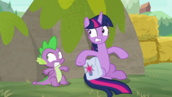 Size: 1920x1080 | Tagged: safe, screencap, spike, twilight sparkle, alicorn, dragon, pony, g4, the point of no return, hay bale, saddle bag, twilight sparkle (alicorn), winged spike, wings