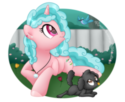 Size: 1881x1538 | Tagged: safe, artist:raspberrystudios, oc, oc only, oc:glorious day, bird, dog, hummingbird, pony, unicorn, :o, :p, commission, cottagecore, cute, ear piercing, earring, eyes on the prize, female, fence, flower, grass, jewelry, looking up, mare, necklace, ocbetes, open mouth, piercing, prone, rose, shih-tzu, smiling, tongue out