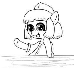 Size: 640x600 | Tagged: safe, artist:ficficponyfic, oc, oc only, oc:aji sushi, pony, colt quest, bowl, cute, cyoa, female, friendly, hat, mare, monochrome, smiling, solo, spy, story included, table, waving