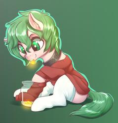 Size: 1719x1800 | Tagged: safe, artist:dankflank, oc, oc only, oc:dankflank, earth pony, pony, bits, clothes, collar, femboy, jar, male, money, mouth hold, simple background, sitting, socks, solo, sweater, thigh highs