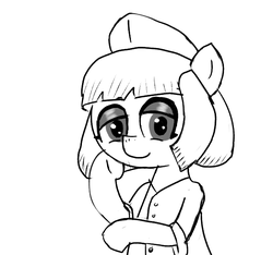 Size: 640x600 | Tagged: safe, artist:ficficponyfic, oc, oc only, oc:aji sushi, pony, colt quest, cute, cyoa, female, friendly, hat, mare, monochrome, smiling, solo, spy, story included, table