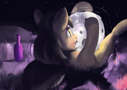 Size: 4960x3508 | Tagged: safe, artist:toisanemoif, oc, oc only, unnamed oc, pony, biting, bottle, crying, moon, tangible heavenly object, tears of pain