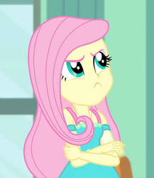 Size: 482x555 | Tagged: safe, screencap, fluttershy, a little birdie told me, equestria girls, g4, my little pony equestria girls: better together, :c, angry, clothes, cropped, crossed arms, cute, dress, female, frown, hmph, madorable, shyabetes, solo