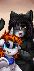 Size: 1519x3133 | Tagged: safe, artist:pridark, oc, oc only, oc:disterious, anthro, bust, clothes, commission, furry, glasses, non-mlp oc, one eye closed, open mouth, underhoof, wink