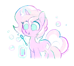 Size: 816x730 | Tagged: safe, artist:dawnfire, oc, oc only, oc:marshmallow fluff, pony, unicorn, bubble, cute, limited color, pale color, simple background, sketch, soft color, solo, white background