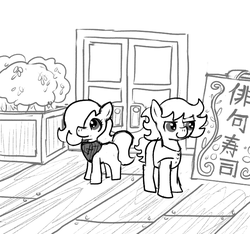 Size: 640x600 | Tagged: safe, artist:ficficponyfic, oc, oc:emerald jewel, oc:ruby rouge, earth pony, pony, colt quest, bandana, bush, clothes, colt, door, female, femboy, filly, foal, hair over one eye, male, monochrome, sign, story included, tomboy