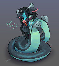 Size: 5000x5507 | Tagged: safe, artist:xbi, queen chrysalis, lamia, ophiotaurus, frenemies (episode), g4, blushing, cloven hooves, disguise, disguised changeling, ear fluff, fangs, female, forked tongue, hissing, hss, moo, oink, onomatopoeia, snout, solo, tail hold, tongue out