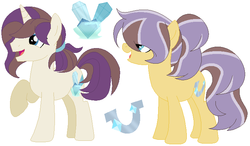 Size: 724x422 | Tagged: safe, artist:leaderofthelostclan, artist:selenaede, oc, oc only, oc:frozen crystal, oc:glistening shoe, earth pony, pony, unicorn, base used, brother and sister, cutie mark, duo, female, hair tie, male, mare, offspring, parent:caramel, parent:rarity, parents:rarimel, siblings, simple background, stallion, white background