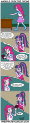Size: 527x2133 | Tagged: safe, artist:pheeph, pinkie pie, sci-twi, twilight sparkle, equestria girls, g4, book, call, comic, fourth wall destruction, library, miracle, old master q, parody, phone, pinkie being pinkie, wat