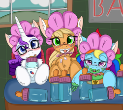 Size: 5000x4483 | Tagged: safe, artist:cuddlelamb, applejack, rainbow dash, rarity, pony, g4, adult foal, baby bottle, baby food, bar, blushing, bonnet, chest fluff, drinking, female, foal bottle, looking at you, mashed peas, messy drinking, messy eating, milk, pills, tongue out