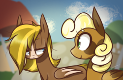 Size: 1103x721 | Tagged: safe, artist:kaywhitt, oc, oc only, oc:banana muffin, oc:maple muffin, pegasus, pony, looking at each other, market