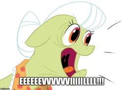 Size: 683x499 | Tagged: safe, artist:sir-dangereaux, edit, granny smith, pony, g4, caption, evil, female, image macro, mermaid man, screaming, solo, spongebob squarepants, text, yelling