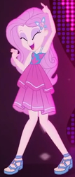 Size: 238x555 | Tagged: safe, screencap, fluttershy, equestria girls, equestria girls series, i'm on a yacht, spoiler:eqg series (season 2), armpits, arms in the air, clothes, cropped, cute, dress, feet, female, happy, neon eg logo, sandals, shyabetes, sleeveless, sleeveless dress, smiling