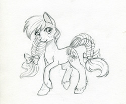 Size: 1000x830 | Tagged: safe, artist:maytee, earth pony, pony, bow, braid, braided tail, female, freckles, grayscale, mare, monochrome, raised hoof, sketch, solo, tail bow, traditional art, unshorn fetlocks