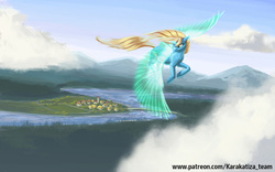 Size: 1440x900 | Tagged: safe, artist:kirillk, oc, oc only, oc:art's desire, pony, unicorn, artificial wings, augmented, cloud, flying, magic, magic wings, river, scenery, solo, spread wings, town, wings
