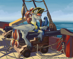 Size: 1500x1220 | Tagged: safe, artist:kirillk, oc, oc only, bird, hyacinth macaw, macaw, parrot, pegasus, pony, cannon, clothes, epaulettes, hairrings, hat, ponytail, prone, ship, solo